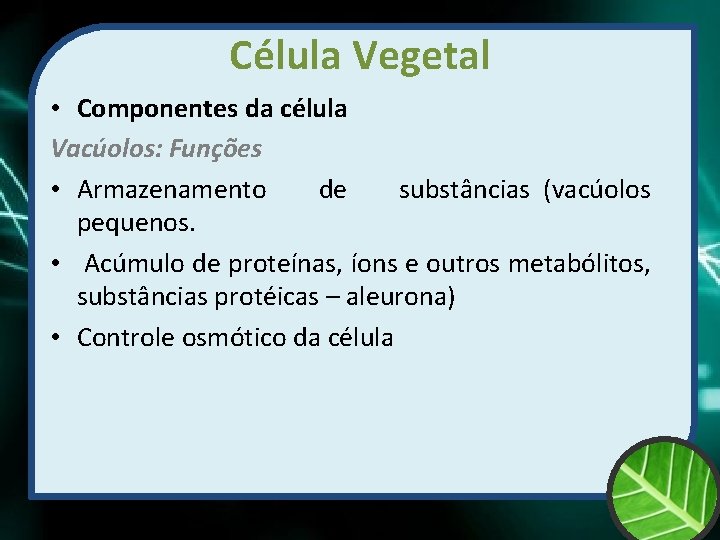 Célula Vegetal • Componentes da célula Vacúolos: Funções • Armazenamento de substâncias (vacúolos pequenos.