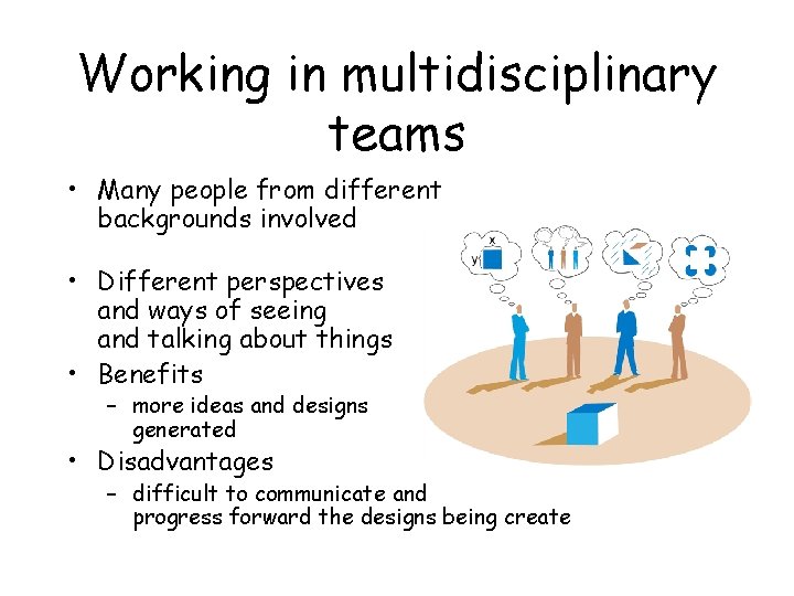 Working in multidisciplinary teams • Many people from different backgrounds involved • Different perspectives