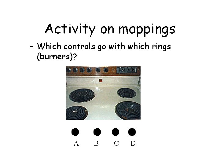 Activity on mappings – Which controls go with which rings (burners)? A B C