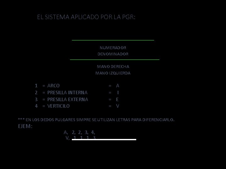 EL SISTEMA APLICADO POR LA PGR: NUMERADOR DENOMINADOR MANO DERECHA MANO IZQUIERDA 1 2