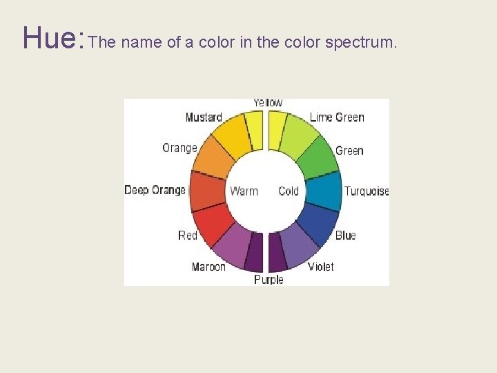 Hue: The name of a color in the color spectrum. 