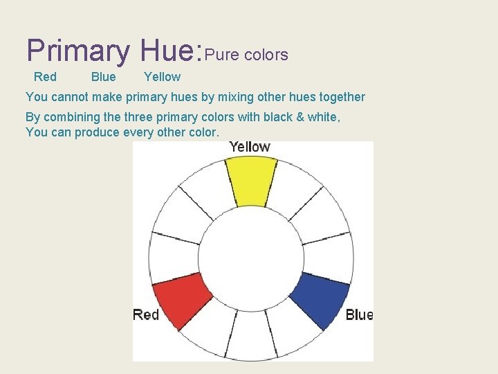 Primary Hue: Pure colors Red Blue Yellow You cannot make primary hues by mixing