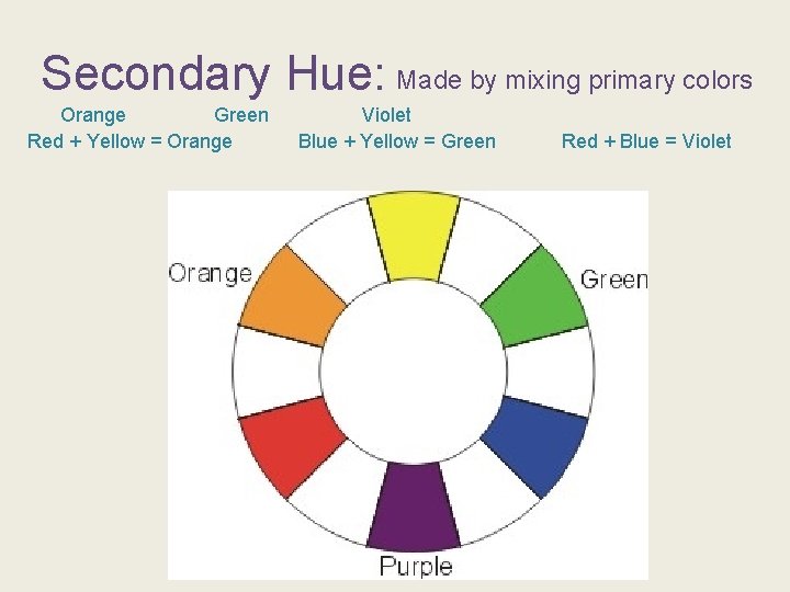 Secondary Hue: Made by mixing primary colors Orange Green Red + Yellow = Orange