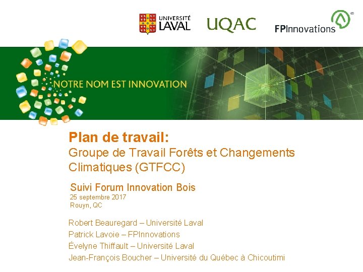 Plan de travail: Groupe de Travail Forêts et Changements Climatiques (GTFCC) Suivi Forum Innovation