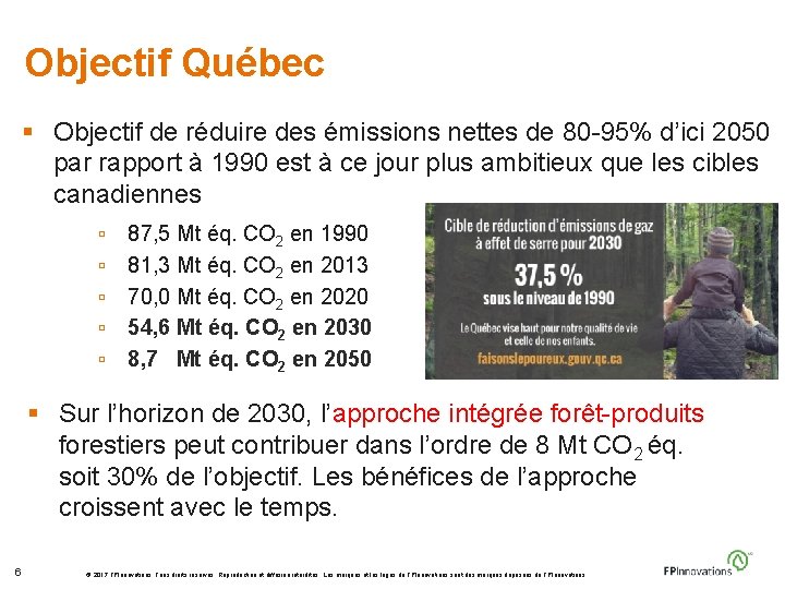 Objectif Québec § Objectif de réduire des émissions nettes de 80 -95% d’ici 2050