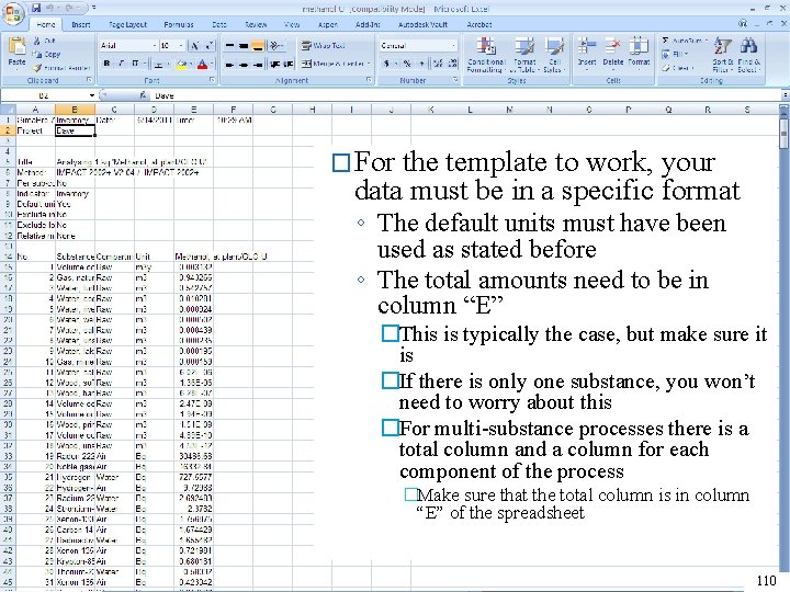 �For the template to work, your data must be in a specific format ◦