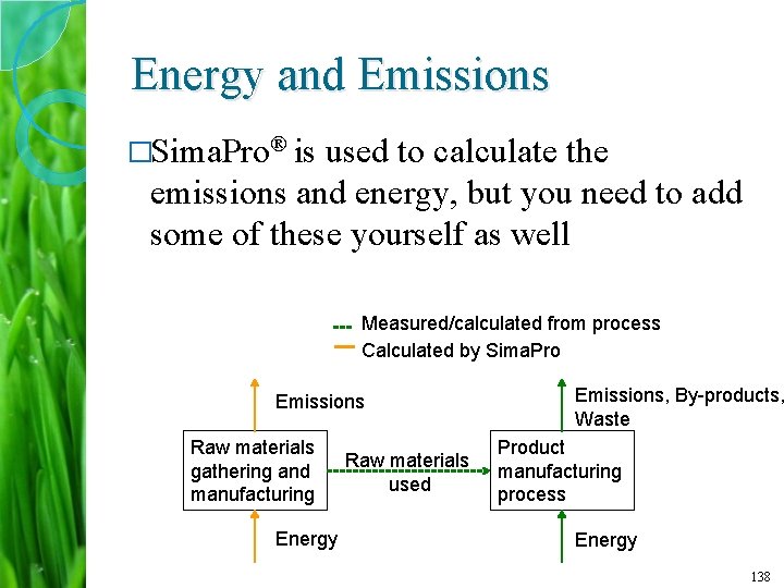 Energy and Emissions �Sima. Pro® is used to calculate the emissions and energy, but