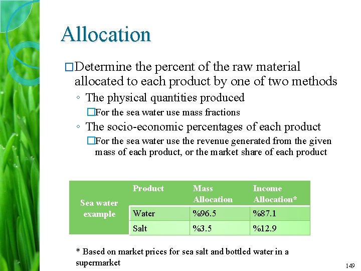 Allocation �Determine the percent of the raw material allocated to each product by one