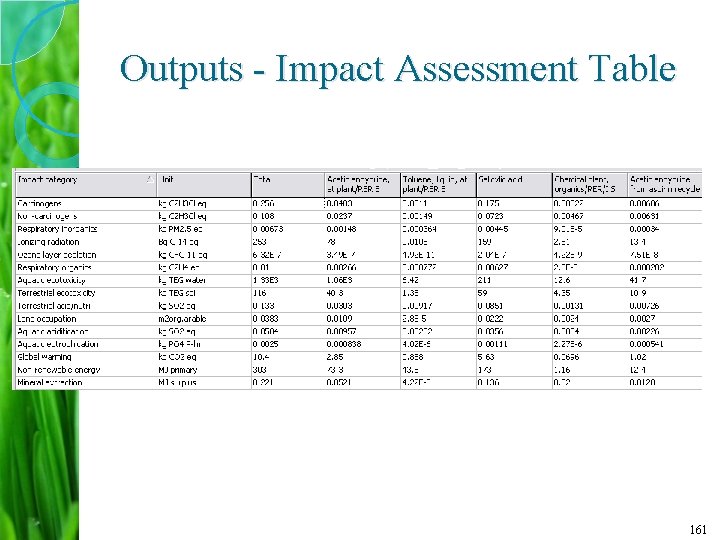 Outputs - Impact Assessment Table 161 