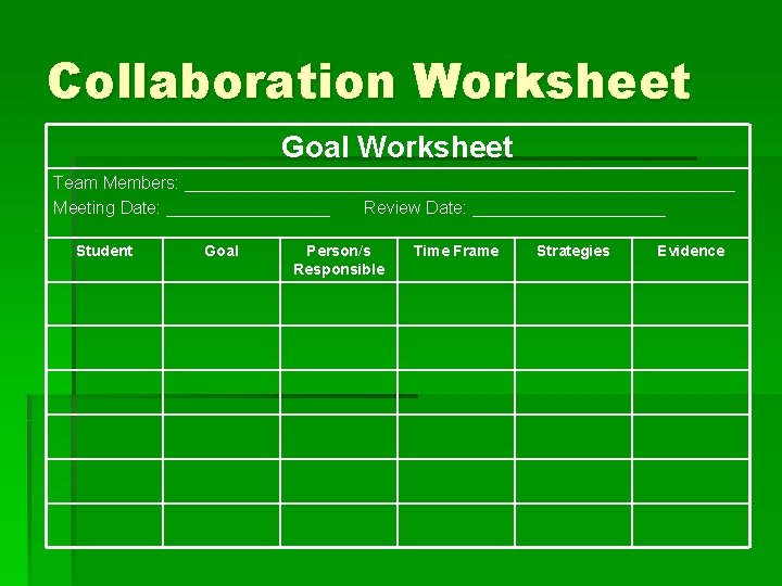 Collaboration Worksheet Goal Worksheet Team Members: _____________________________ Meeting Date: _________ Review Date: __________ Student