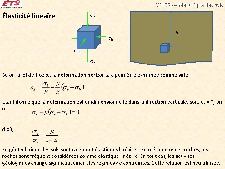 CTN 504 – Mécanique des sols Élasticité linéaire z h h h z Selon