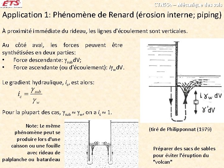 CTN 504 – Mécanique des sols Application 1: Phénomène de Renard (érosion interne; piping)