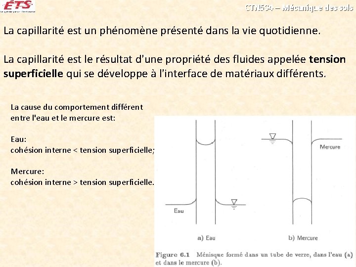 CTN 504 – Mécanique des sols La capillarité est un phénomène présenté dans la CTN 504 – Mécanique des sols La capillarité est un phénomène présenté dans la