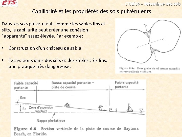 CTN 504 – Mécanique des sols Capillarité et les propriétés des sols pulvérulents Dans