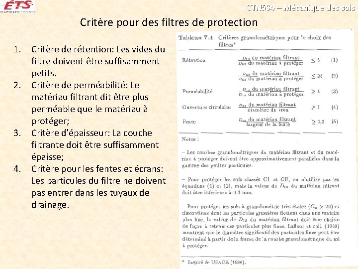 CTN 504 – Mécanique des sols Critère pour des filtres de protection 1. Critère