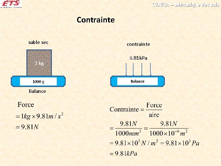 CTN 504 – Mécanique des sols Contrainte sable sec 1 kg 1000 g Balance