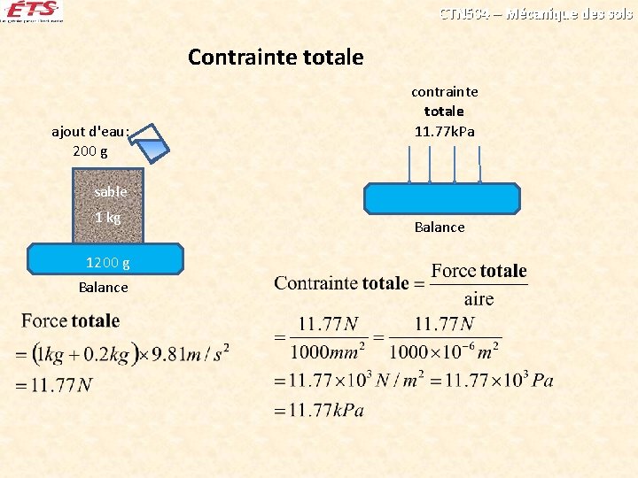 CTN 504 – Mécanique des sols Contrainte totale ajout d'eau: 200 g contrainte totale