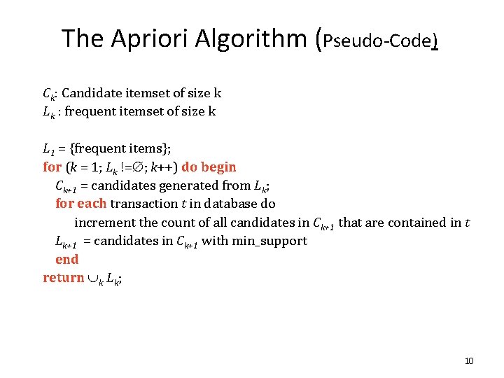 The Apriori Algorithm (Pseudo-Code) Ck: Candidate itemset of size k Lk : frequent itemset