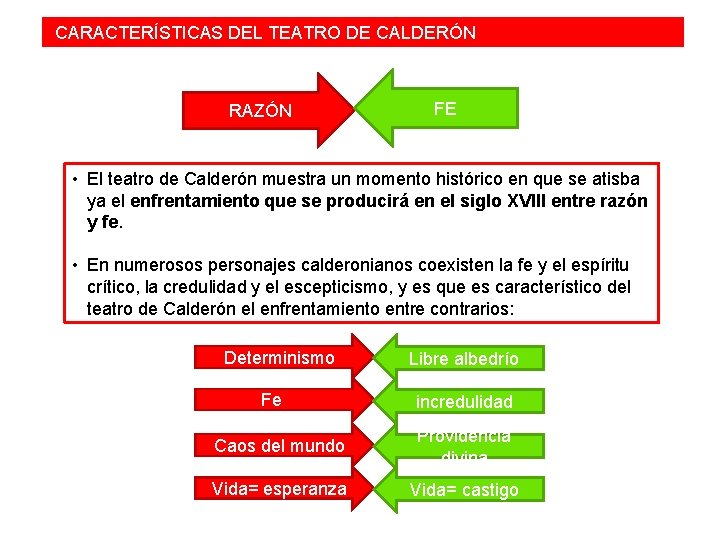  CARACTERÍSTICAS DEL TEATRO DE CALDERÓN RAZÓN FE • El teatro de Calderón muestra