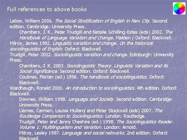 Full references to above books Labov, William 2006. The Social Stratification of English in