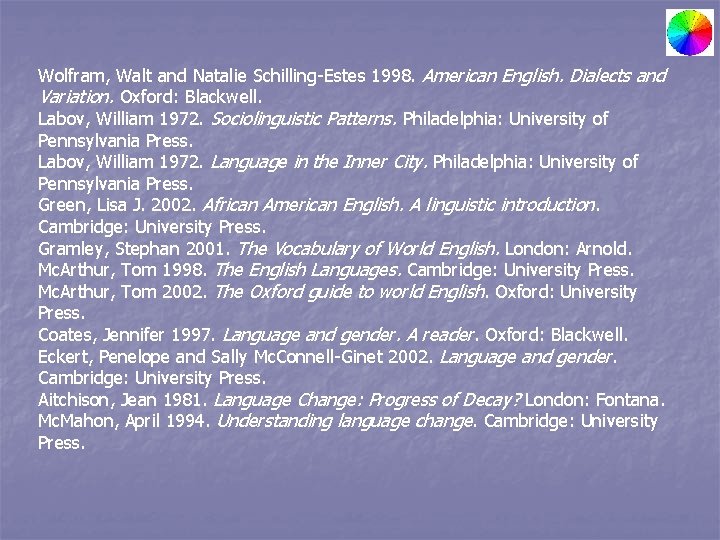 Wolfram, Walt and Natalie Schilling-Estes 1998. American English. Dialects and Variation. Oxford: Blackwell. Labov,