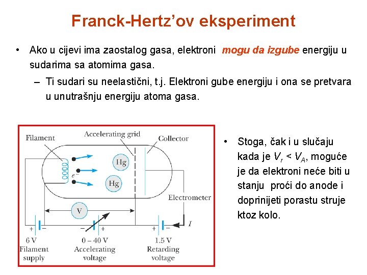 Franck-Hertz’ov eksperiment • Ako u cijevi ima zaostalog gasa, elektroni mogu da izgube energiju