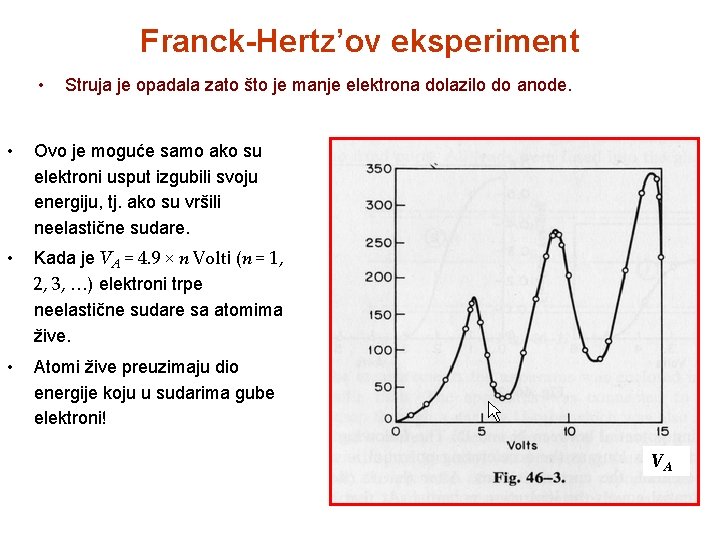 Franck-Hertz’ov eksperiment • Struja je opadala zato što je manje elektrona dolazilo do anode.