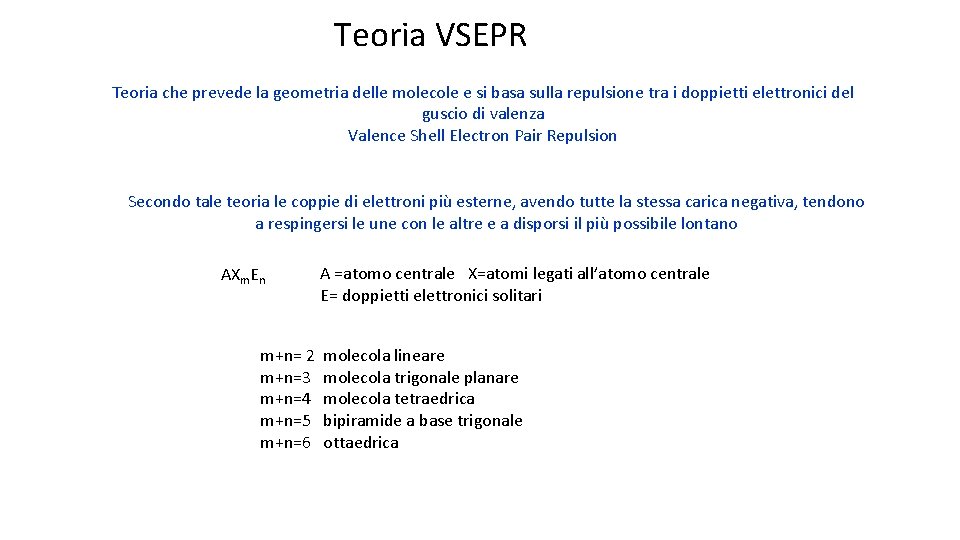 Teoria VSEPR Teoria che prevede la geometria delle molecole e si basa sulla repulsione