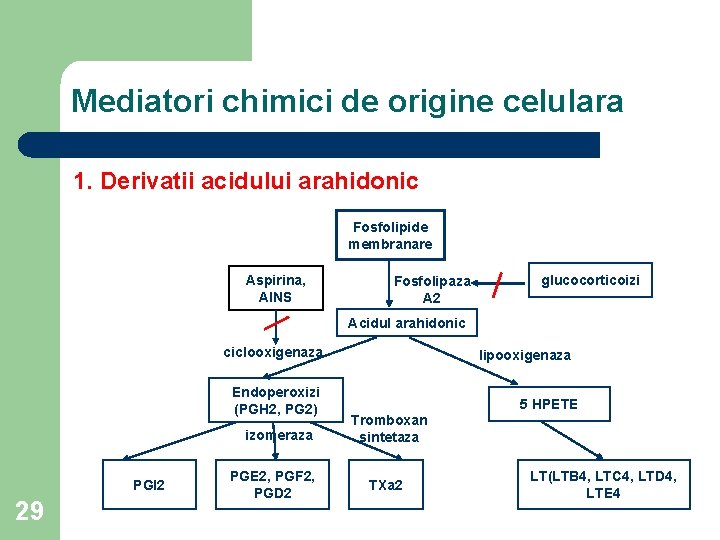 Mediatori chimici de origine celulara 1. Derivatii acidului arahidonic Fosfolipide membranare Aspirina, AINS Fosfolipaza