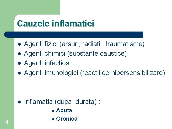 Cauzele inflamatiei l Agenti fizici (arsuri, radiatii, traumatisme) Agenti chimici (substante caustice) Agenti infectiosi
