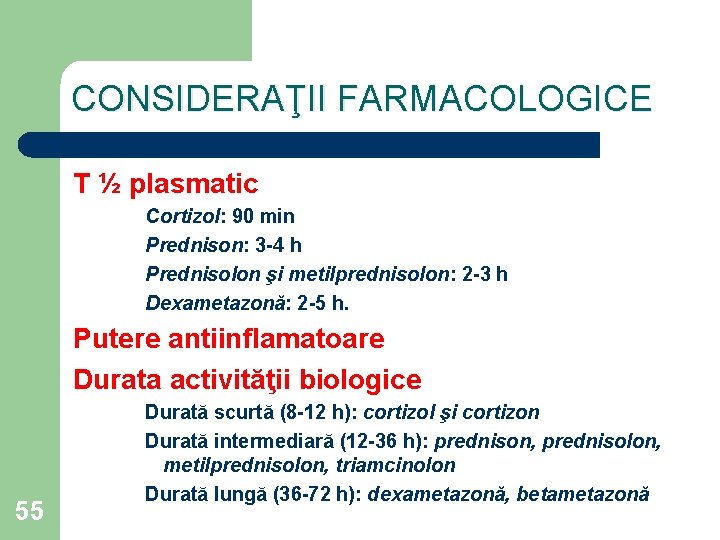 CONSIDERAŢII FARMACOLOGICE T ½ plasmatic Cortizol: 90 min Prednison: 3 -4 h Prednisolon şi
