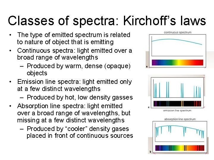 Classes of spectra: Kirchoff’s laws • The type of emitted spectrum is related to