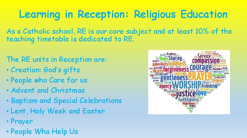 Learning in Reception: Religious Education As a Catholic school, RE is our core subject Learning in Reception: Religious Education As a Catholic school, RE is our core subject