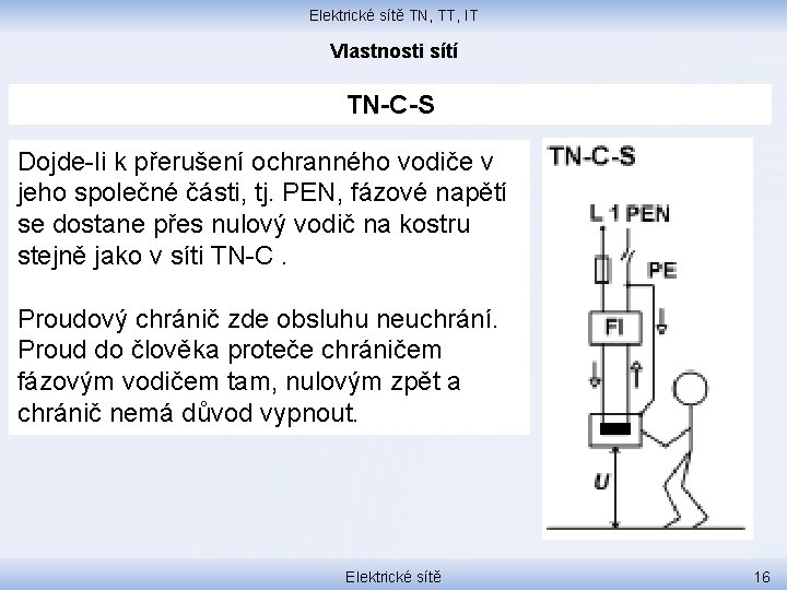 Elektrické sítě TN, TT, IT Vlastnosti sítí TN-C-S Dojde-li k přerušení ochranného vodiče v