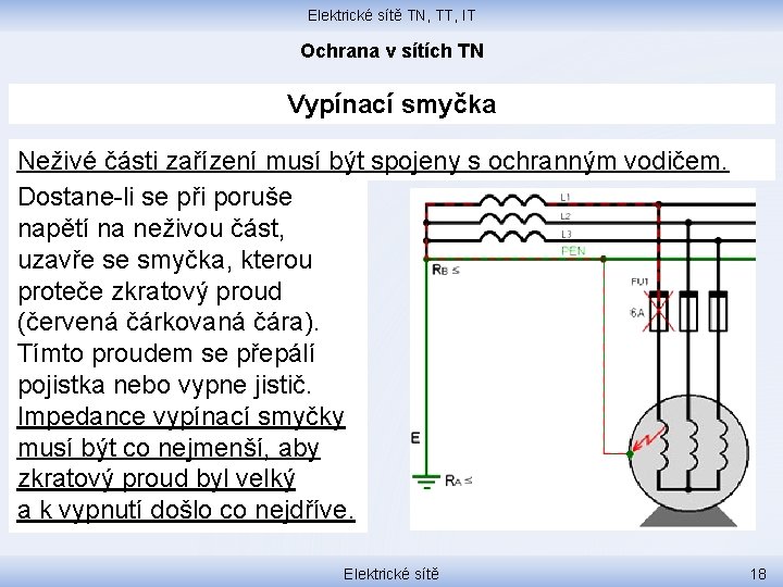 Elektrické sítě TN, TT, IT Ochrana v sítích TN Vypínací smyčka Neživé části zařízení