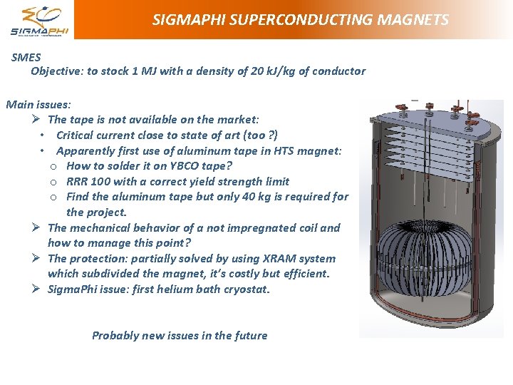 SIGMAPHI SUPERCONDUCTING MAGNETS SMES Objective: to stock 1 MJ with a density of 20 SIGMAPHI SUPERCONDUCTING MAGNETS SMES Objective: to stock 1 MJ with a density of 20