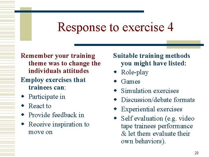 Response to exercise 4 Remember your training theme was to change the individuals attitudes