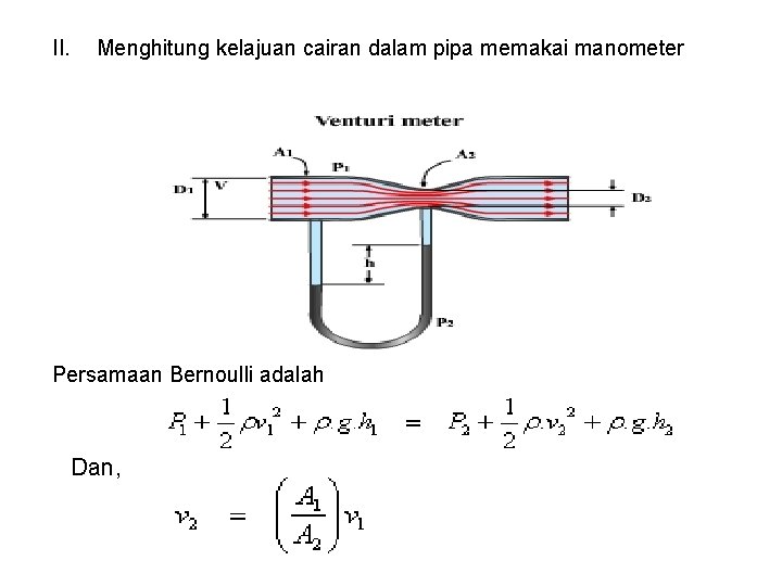 II. Menghitung kelajuan cairan dalam pipa memakai manometer Persamaan Bernoulli adalah Dan, 
