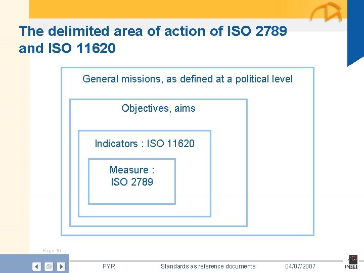 The delimited area of action of ISO 2789 and ISO 11620 General missions, as