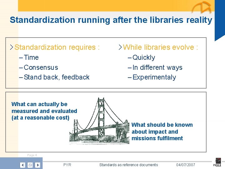 Standardization running after the libraries reality › Standardization requires : – Time – Consensus