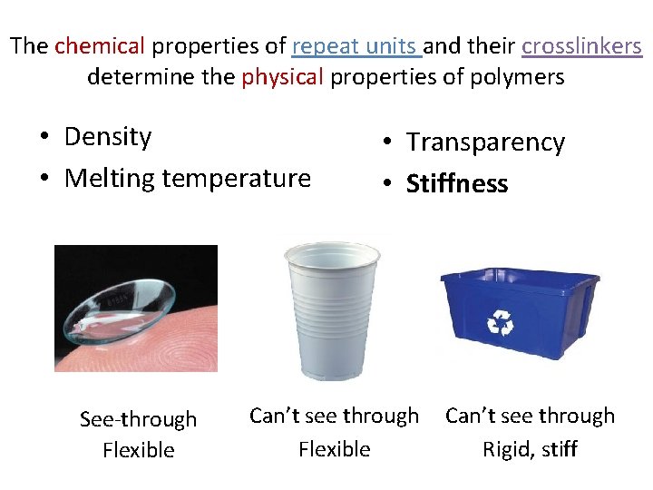 The chemical properties of repeat units and their crosslinkers determine the physical properties of