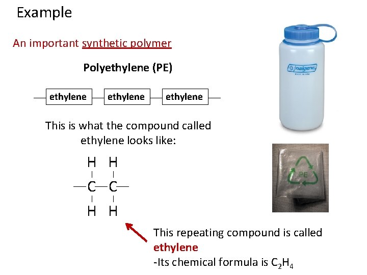 Example An important synthetic polymer Polyethylene (PE) ethylene This is what the compound called