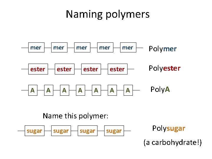 Naming polymers mer ester A mer Polyester A A Polymer A Poly. A Name