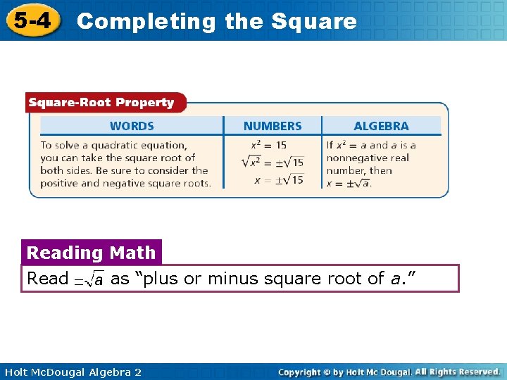 5 -4 Completing the Square Reading Math Read as “plus or minus square root