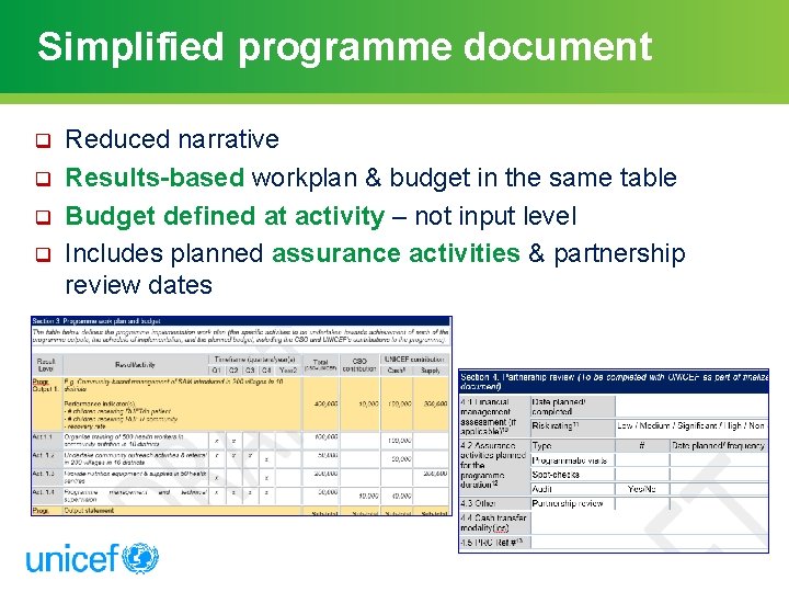 Simplified programme document q q Reduced narrative Results-based workplan & budget in the same