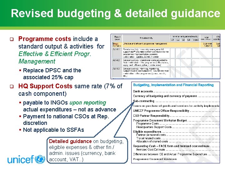 Revised budgeting & detailed guidance q Programme costs include a standard output & activities