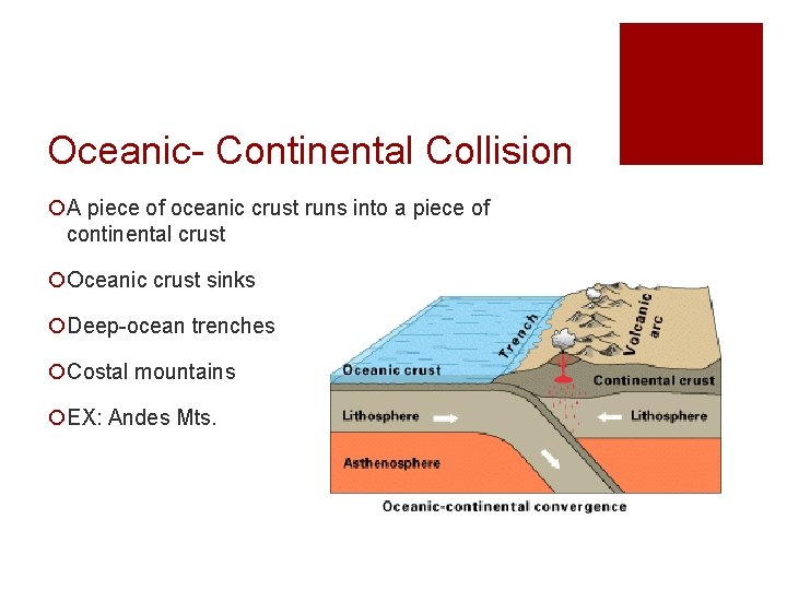 Oceanic- Continental Collision ¡A piece of oceanic crust runs into a piece of continental