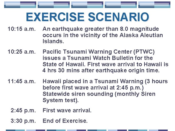 EXERCISE SCENARIO 10: 15 a. m. An earthquake greater than 8. 0 magnitude occurs