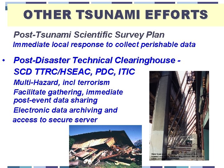 OTHER TSUNAMI EFFORTS Post-Tsunami Scientific Survey Plan Immediate local response to collect perishable data
