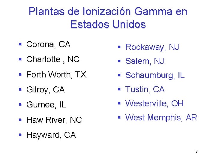 Plantas de Ionización Gamma en Estados Unidos § Corona, CA § Rockaway, NJ §